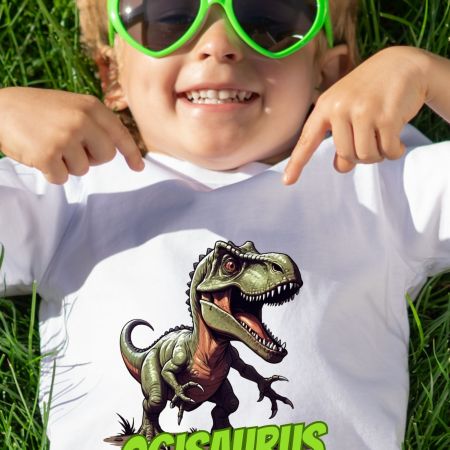 Bela dečija majica - Dinosaurus sa imenom 5 