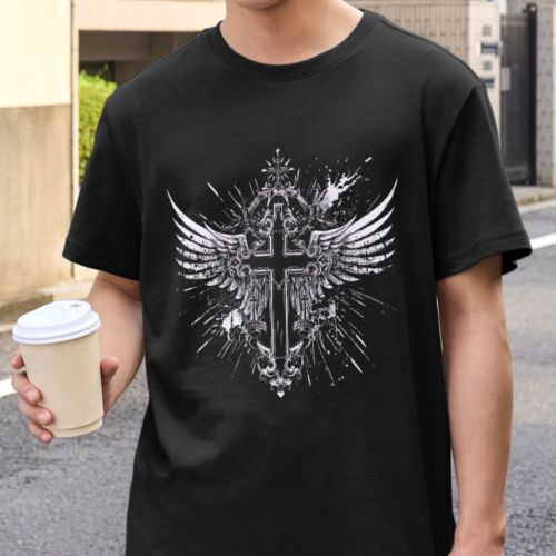 Crna muška majica - Krst sa krilima 