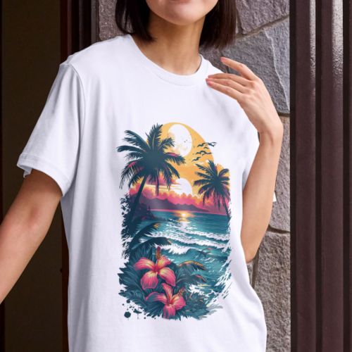 Bela ženska majica - Palme i more 
