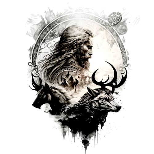 Bela muška majica - Viking sa vukovima