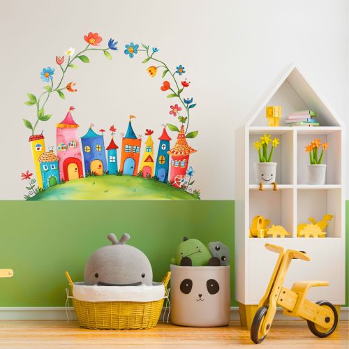 Nalepnica za dečiju sobu - Gradić u cveću 