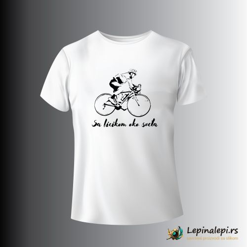 Bela muška majica -Sa  biciklom oko sveta 