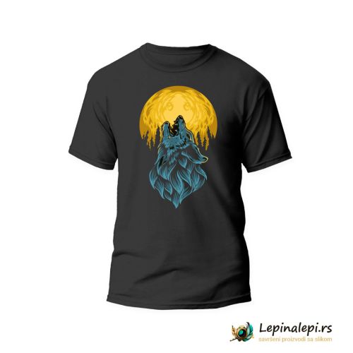 Muška crna majica - Vuk i mesec 