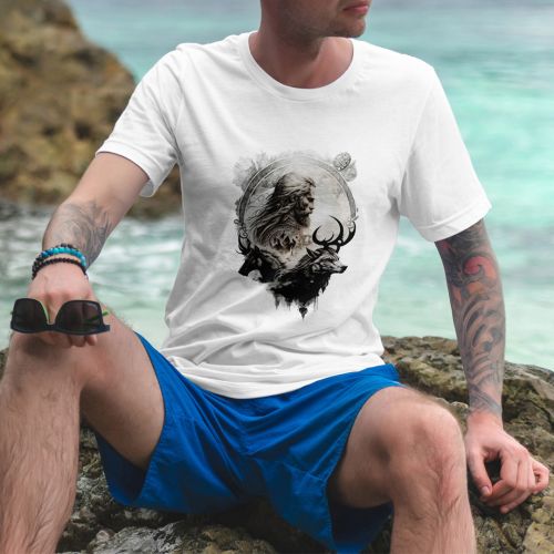 Bela muška majica - Viking sa vukovima 